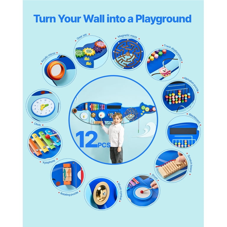 JOYMOR Wooden Train Wall Busy Board - 5-in-1 Sensory Activity Panel For Toddlers | Montessori Learning Toy For Playroom