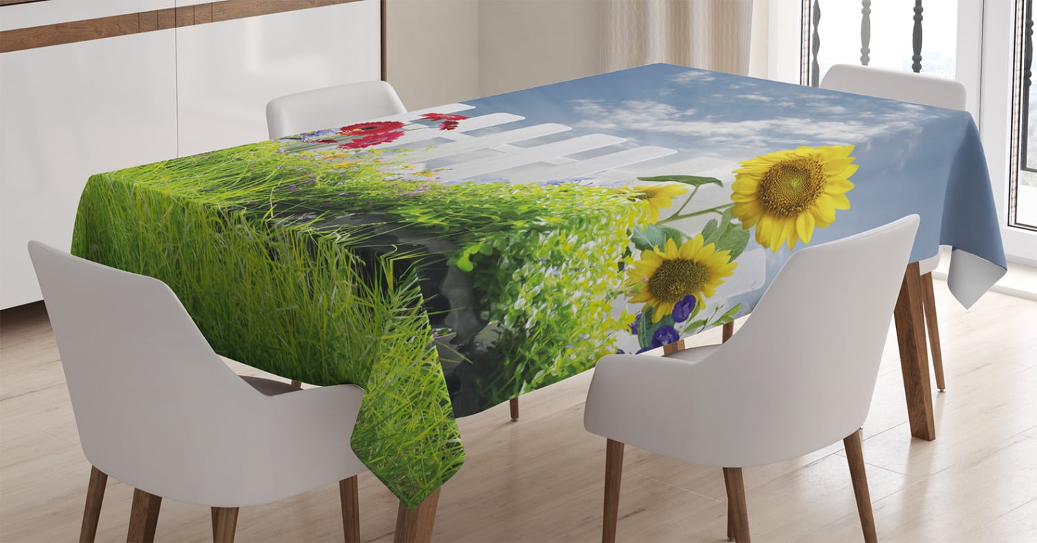 Farm House Decor Tablecloth, Grass Foliage Field with Bar Sunflowers