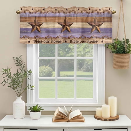 Rod Pocket Window Valances Farmhouse Retro American Star Short Kitchen Curtains Country Purple Brown Wooden Window Treatment Drapes for Bedroom Bathroom Living Room 42x12in