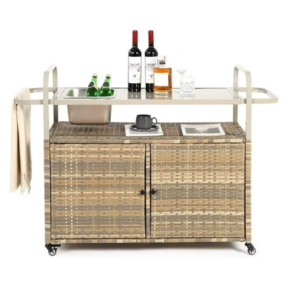 Outdoor Kitchen Island Wicker Serving Console Cart & Grill Bar Table Waterproof with Wheels and Ice Bucket Backyard and BBQ Prep, Brown