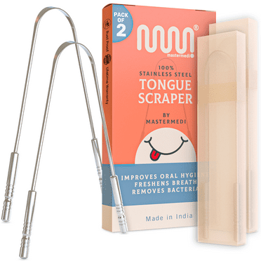 MasterMedi 2 Pack Tongue Scraper with 2 Travel Case, Bad Breath Treatment for Adults & Kids, Medical Grade 100% Stainless Steel Tongue Scrapers for Oral Care, Easy to Use Tongue Cleaner for Hygiene