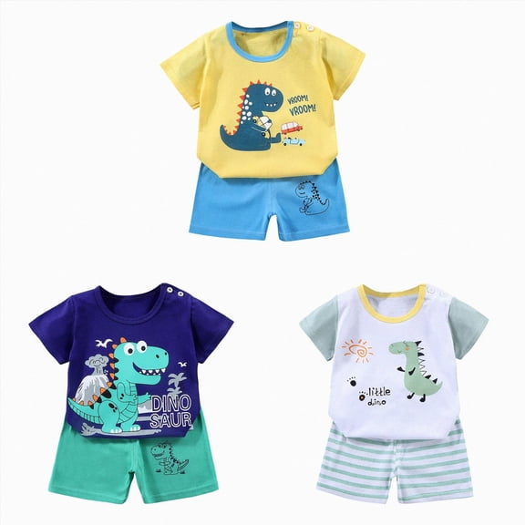 Gerichy Toddler Baby Boy Summer Clothes Set 6 12 18 24 Months 2T 3T 4T Tractor Letter Print Short Sleeve T-Shirt Elastic Waist Solid Shorts Outfit Sets 6PCS