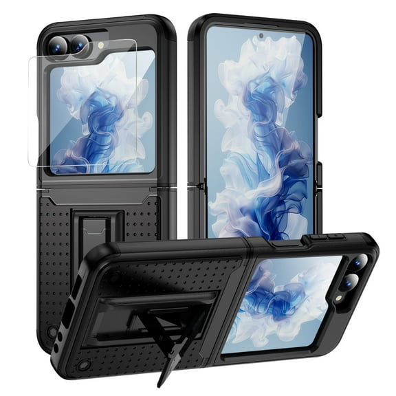 Dteck for Samsung Galaxy Z Flip 5 Case with Hinge Protection, Full Body Military Drop Shockproof Rugged Case with Screen Protector for Samsung Galaxy Z Flip5 with Kickstand, Black