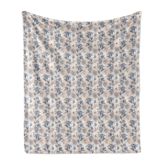 Floral Soft Flannel Fleece Throw Blanket, Retro Flowers Butterflies Flowers Blossom Watercolor Print, Cozy Plush for Indoor and Outdoor Use, 60" x 80", Slate Blue Pale Eggshell, by Ambesonne