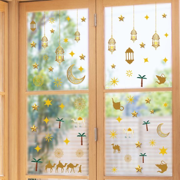 Pegatina de pared con forma de estrella y linterna de luna, papel estático, para vidrio, ventana, decoración visual de doble cara