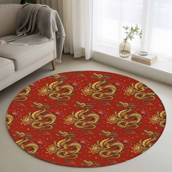 Red Chinese Dragon Round Area Rug 3Ft Washable Small Circle Rugs for Kitchen Entryway, Vintage Chic Flowers Leaf Textured Non-Slip Carpet Floor Mats Indoor Outdoor Carpet Runner Aesthetic Home Decor