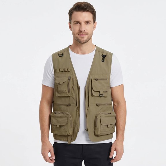 Youthup Men's Lightweight V-Neck Utility Vest with 13 Pockets - Zippered Casual Sleeveless Jacket for Outdoor Sports, Travel, Hiking (Polyester, Seasonless Layering)