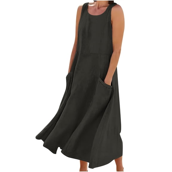 Giftesty Summer Dresses for Women Sleeveless Cotton and Linen Round Neck Solid Color Long Dress with Pocket