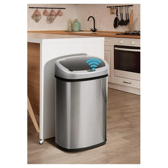 13 Gallon Kitchen Trash Can with Lid - Stainless Steel Automatic Sensor Garbage Can for Bathroom, Bedroom, Office - Brushed Finish