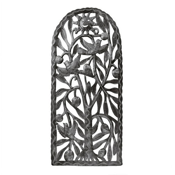 Haitian Recycled Steel Oil Drum, Metal Hanging Wall Art, 11" x 24" Tree Window