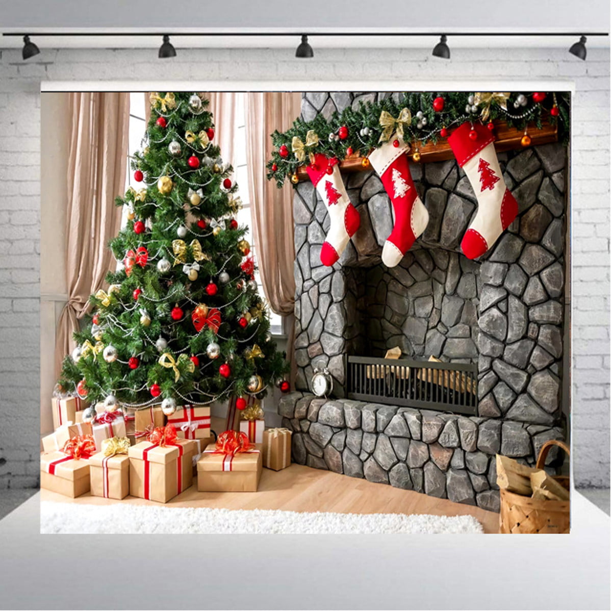 Laeacco 10x7ft Vinyl Photography Background Merry Christmas Backdrops Hanging Decorative Light Bulb Rustic Brick Wall Christmas Eve Party New Year Decoration Children Adults Family Photo Booth