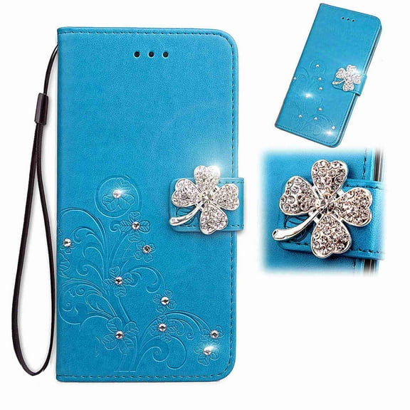 Dteck Wallet Case for OnePlus Nord N200 5G 2021, 1 Nord N200 5G 6.49" Bling Case, Magnetic Flip Folio PU Leather Soft TPU Bumper Kickstand Cover with Hand Strap, Blue