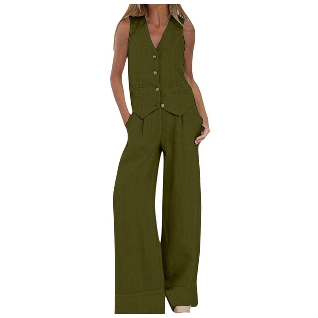 Conjunto de chaleco sin mangas con botones de algodón para mujer: pantalones anchos con bolsillos, mezcla de poliéster, atuendo informal de negocios