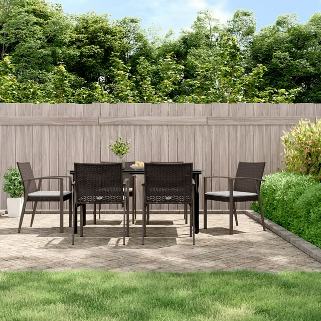 vidaXL 7 Piece Garden Dining Set with Cushions Poly Rattan and Steel