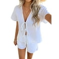 thumbnail image 3 of Women'S Summer Short Sets Front Tie V Neck Shirt Tops Matching Casual Shorts 2 Piece Outfits Vacation Loungewear White S, 3 of 9