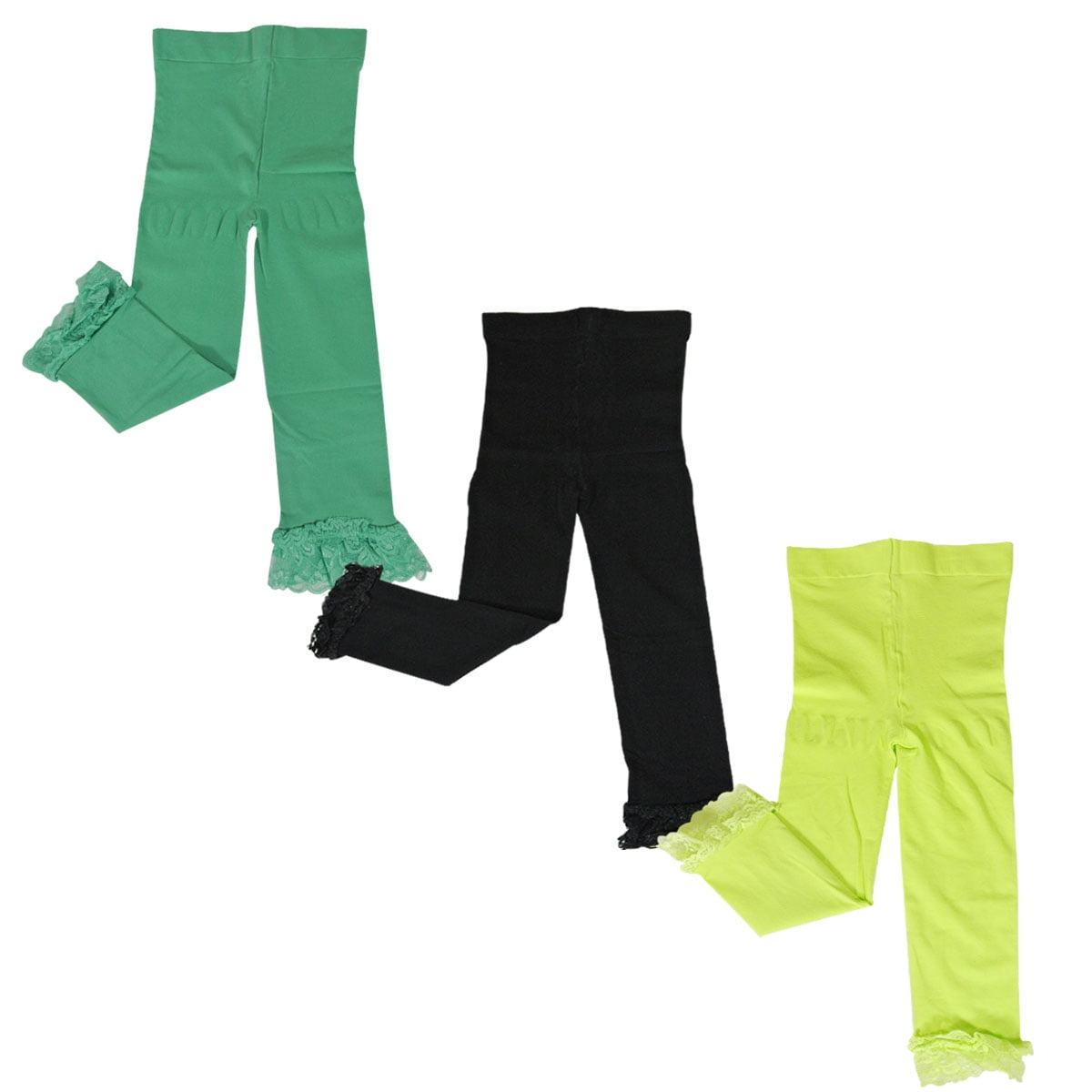 Wrapables® Toddler Stretch Leggings with Lace Trim, Set of 3 (Green, Black, Lime Green