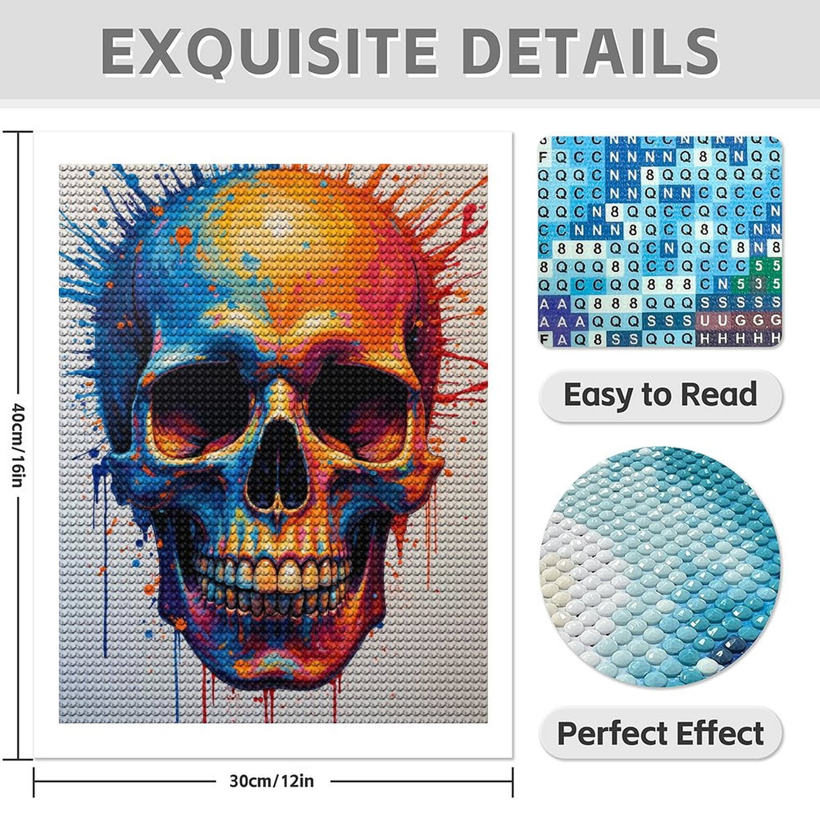 Diamond Art Kit for Adults, Colorful Skull Art Splatter Canvas Diamond Painting for Adults Beginners, 5D DIY Diamond Art Painting Kits, Colorful Diamond Painting Craft for Home Decor 12x16