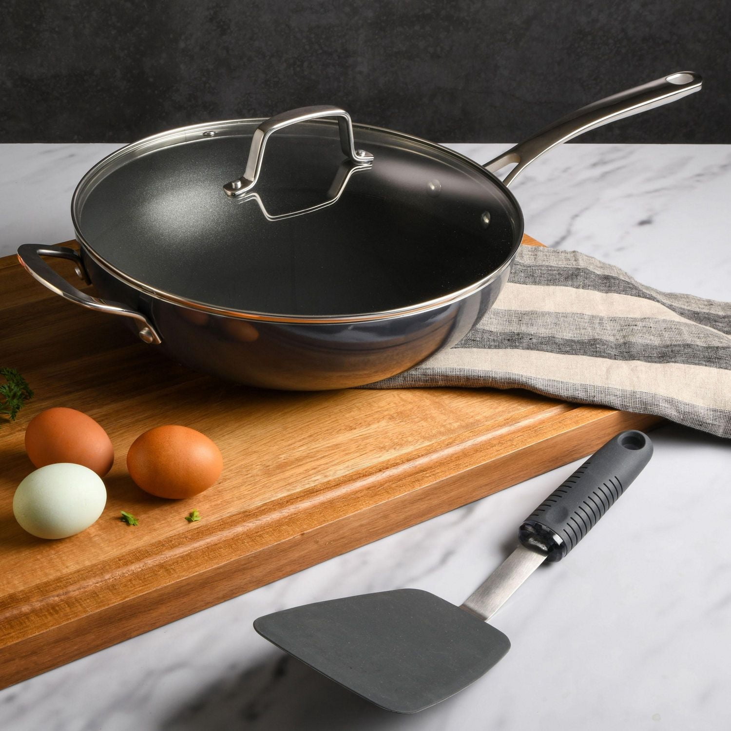 Martha Stewart -12" Aluminum Non-Stick Essential Pan with Lid, Grey