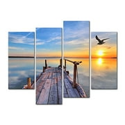 My Easy ArtÂ® 4 Piecesmodern Canvas Painting Wall Art The Picture For Home Decoration Pier With Bird Flying And Colourful Sky At Sunset Lake Landscape Print On Canvas Giclee Artwork For Wall Decor