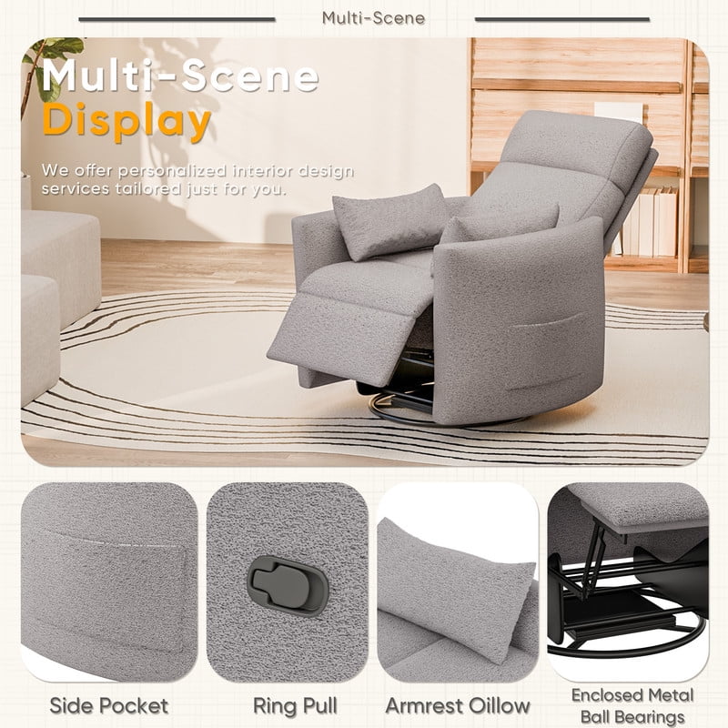 Homall 360° Swivel Nursery Recliner Power Swivel Rocker Recliner Chair with 2 Pillows Comfy High Back Adult Glider Rocker for Living Room,Loop Yarn Gray