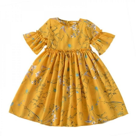 

Sales Promotion!Summer Baby Girls Dress Casual Flower Infant Cute Floral Short Sleeve Dresses Yellow 4T