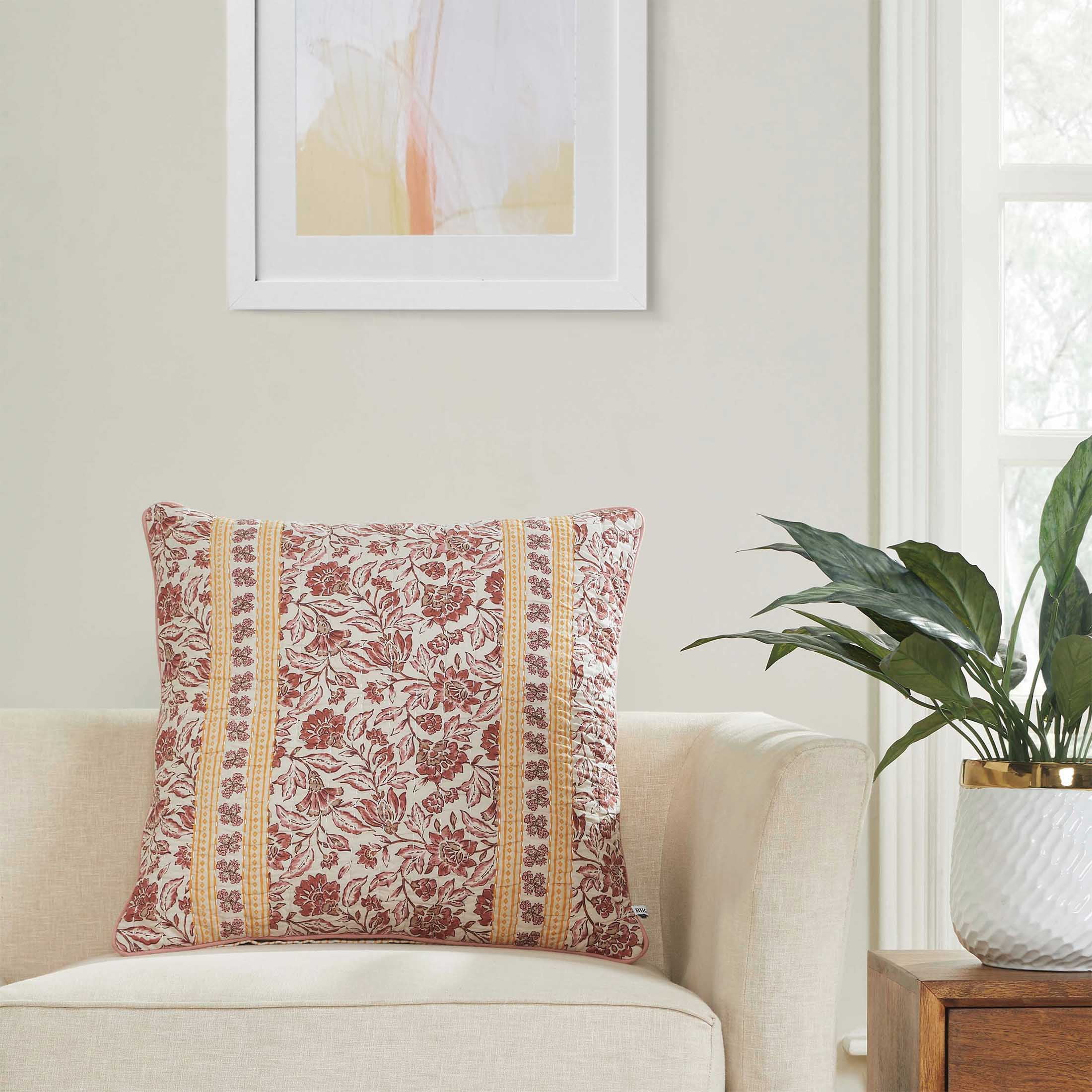 (2 pack) Better Homes & Gardens 20" x 20" Burgundy Red Block Print Floral Reversible Cotton Decorative Pillow