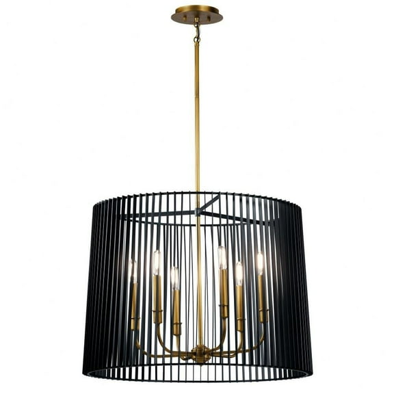 Mid Century Modern 6-Light Chandelier in Natural Brass Finish with Matte Black Metal Slatted Shade 26 inches W X 19.75 inches H Bailey Street Home