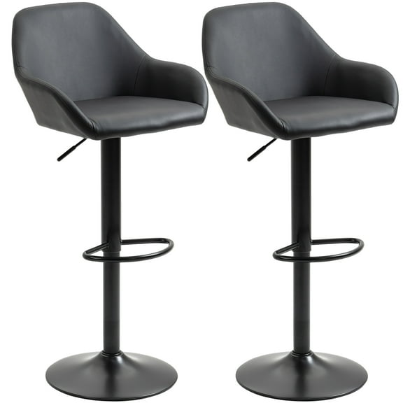 Homiyad Adjustable Bar Stools, Swivel Counter Height Barstools with Footrest and Back, PU Leather and Steel Round Base, for Kitchen Counter and Dining Room, Set of 2, Black