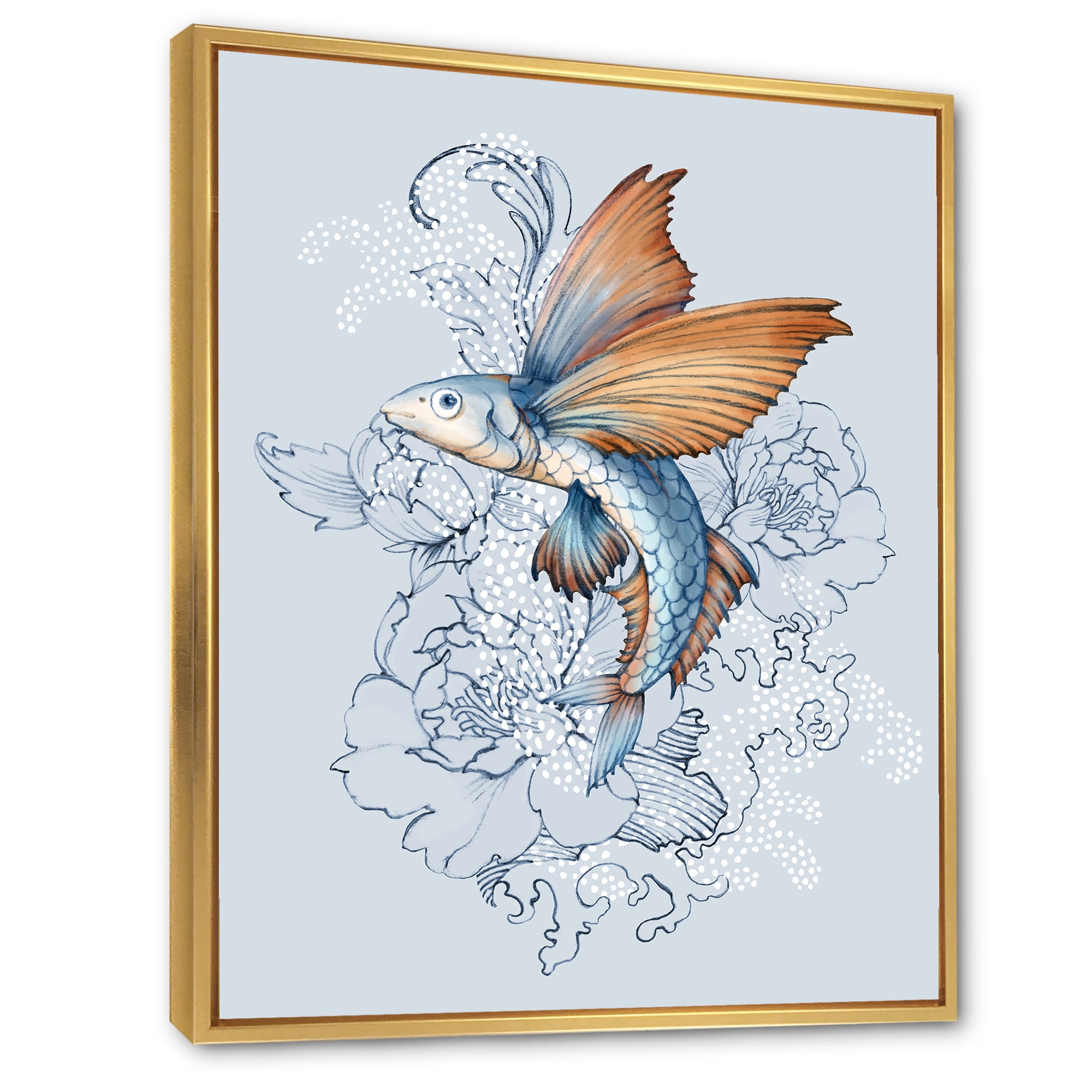 Designart 'Flying Fish and Peonies' Traditional Framed Canvas Wall Art Print