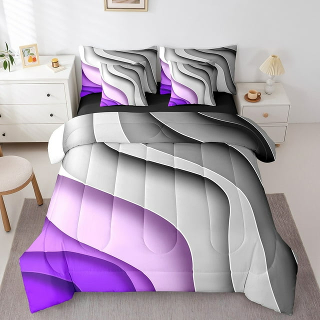 YST Ensemble de Literie 7 Pcs à Rayures Géométriques, Ensemble de Literie Dégradé Ombré, Lit Simple