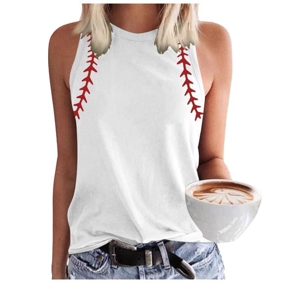 MIASHUI Women's Baseball Graphic Sleeveless O-Neck Tank Top for Casual Summer Wear and Cute Workout Red,XL