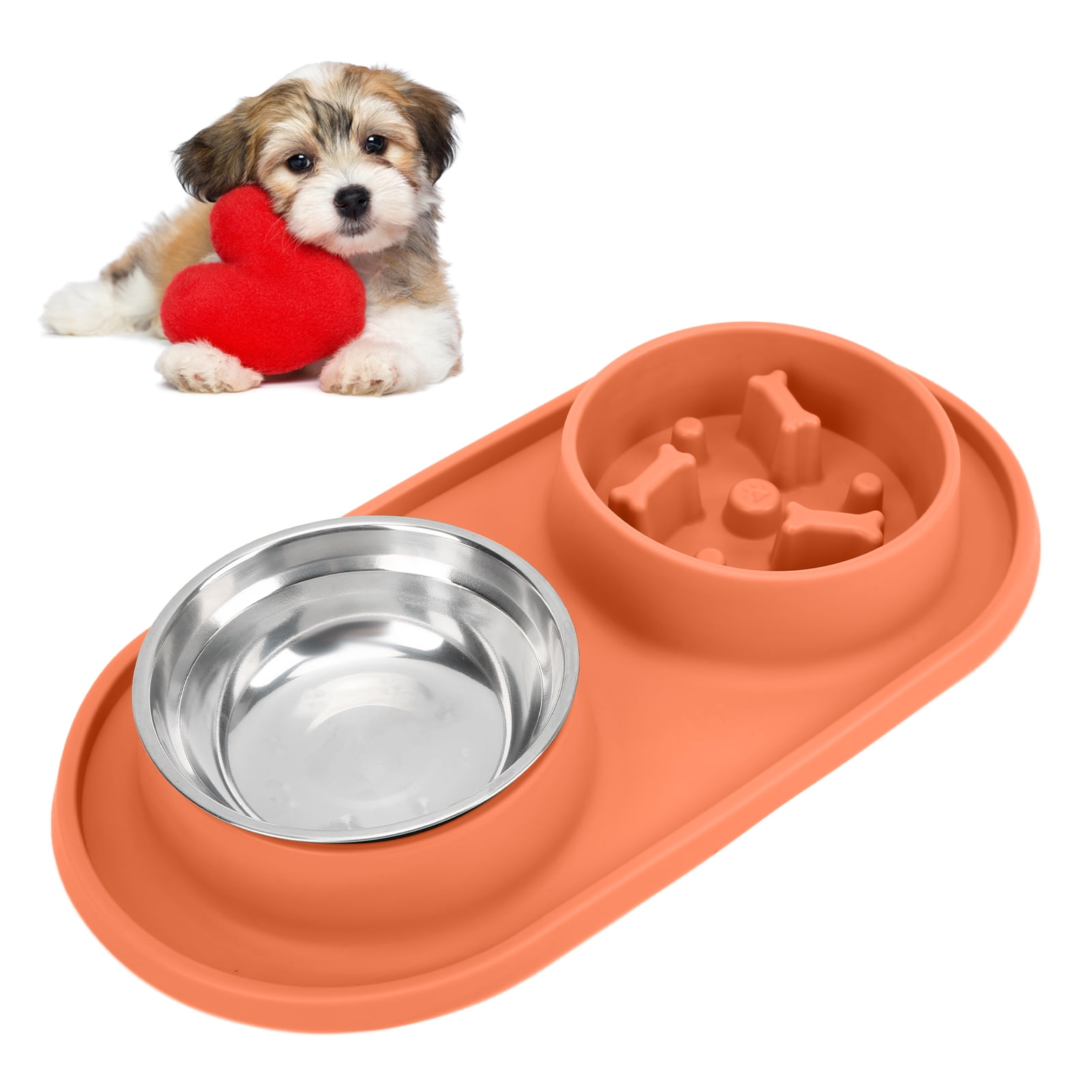 BOKYAN Anti-Skid Double Pet Bowls Silicone Slow Feeder Set with Removable Stainless Steel Water Bowl for Dogs and Cats Orange
