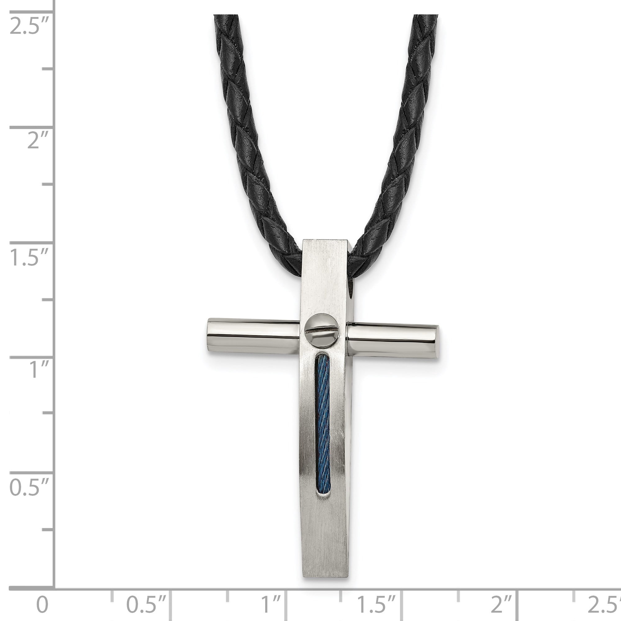 Stainless Steel Religious Cross Pendant Necklace with Blue Inlay, 18 in Leather Cord