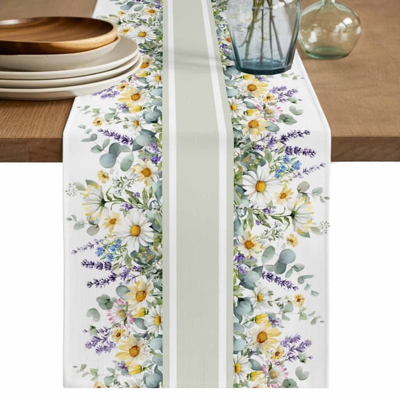 Spring Daisy Table Runner 90 Inches, Country Botanicala Flowers Eucalyptus Trees Bed Runner Dresser Scarves Tabletop for Indoor Outdoor Parties/Ceremony/Banquet, 13" x 90"