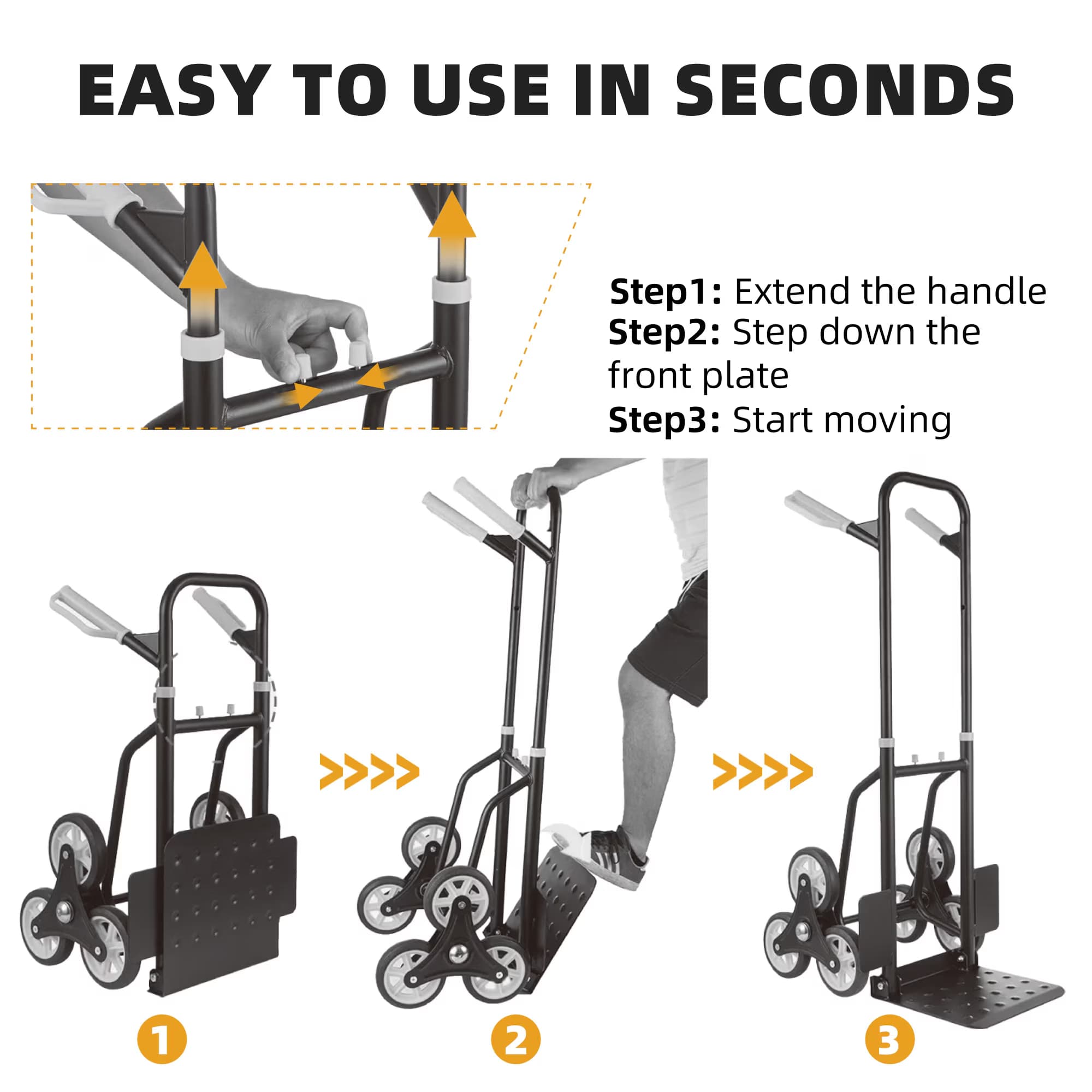 HUJHKIO Heavy Duty Stair Climber Hand Truck Dolly, Ergonomic Foldable Cart with 3-Wheel Design for Stairs & Curbs, 330 lbs Load Capacity, Compact & Easy Storage, Yellow & Black