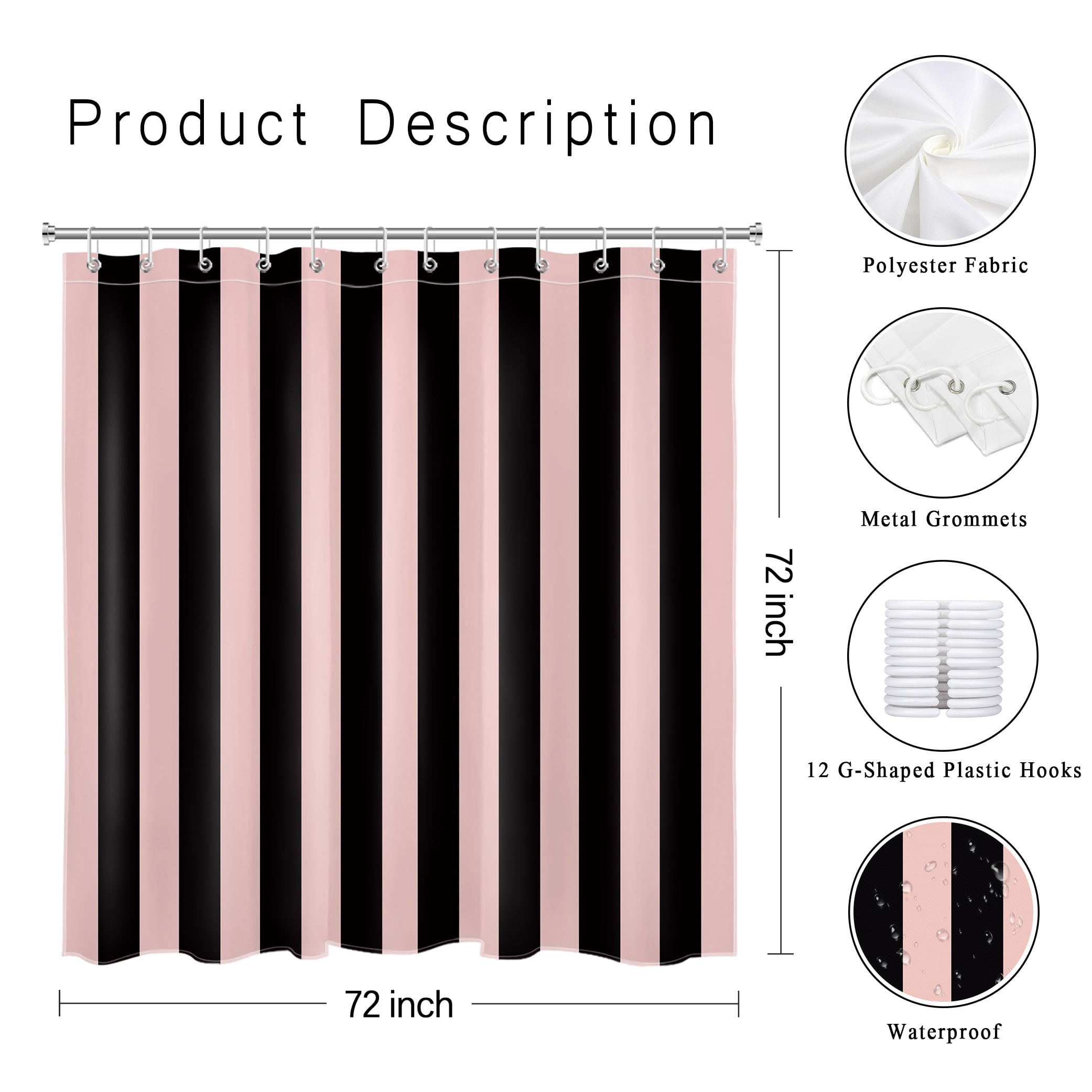 NEONWE Black and Pink Striped Shower Curtain, Modern Watercolor Stripe Waterproof Bathroom Shower Curtain with Hooks, Machine Washable, 72" x 72"