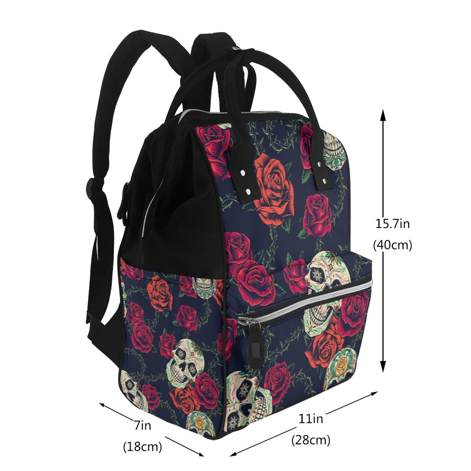 Xecao Roses Skulls print Large Capacity Nappy Bag is a multi-functional waterproof travel backpack, perfect as a nursing bag or mummy backpack for women