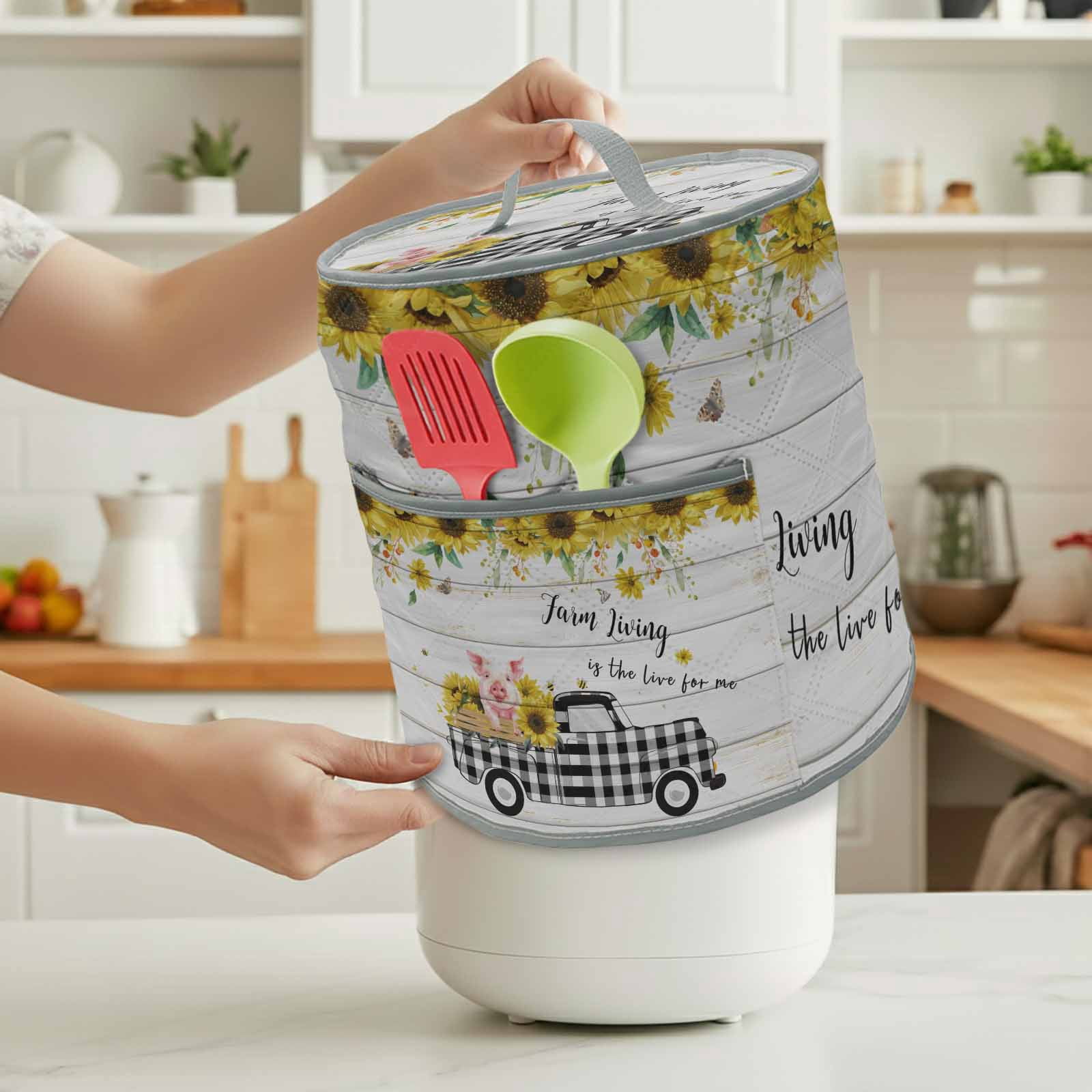 Pig Truck Sunflower Rice Cooker Cover 6 Quart Vintage Farm Loads of Sunshine Board Pressure Cooker Cover Appliance Protector Dust Case with Pocket and Handle for Kitchen