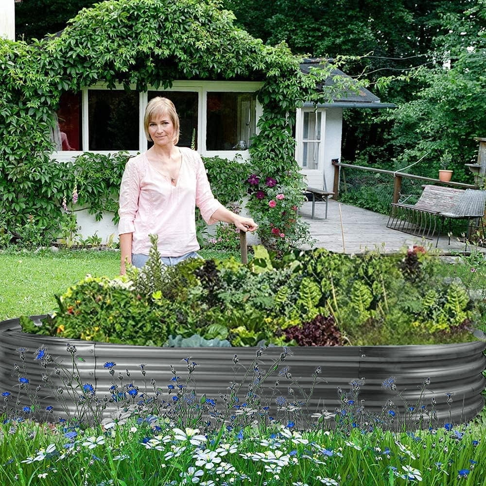 Land Guard 6x3x1ft Galvanized Metal Raised Garden Bed Kit,Oval Planter Box Outdoor for Vegetables,Fruits and Flowers,Modern Gray