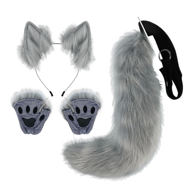 Conjunto de Orejas y Cola Salvador Diadema Felpa Gris