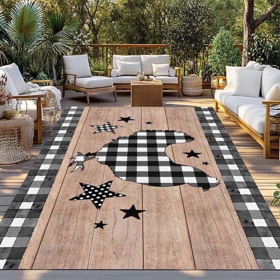 Farm Animals Indoor Outdoor Rugs 4x6 Ft, Star Hen Brown Wood Striped Black Plaid Outdoor Patio Rugs Mat Washable Outside Area Rugs Carpet for Porch Deck RV Camping Pool Balcony Backyard