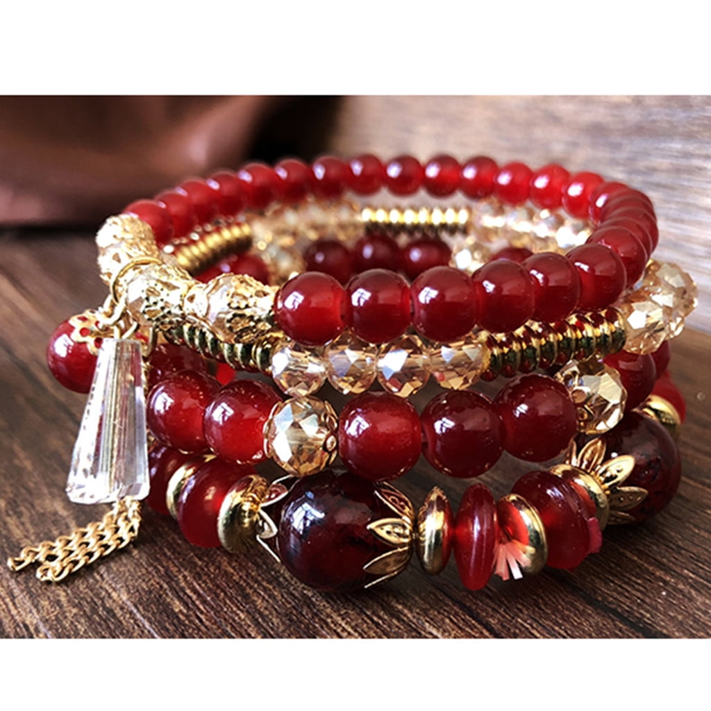 Jewelry On Clearance Women Bohemian Hand String Ocean Style Multi Circle  Pearl Crystal Bracelet Red