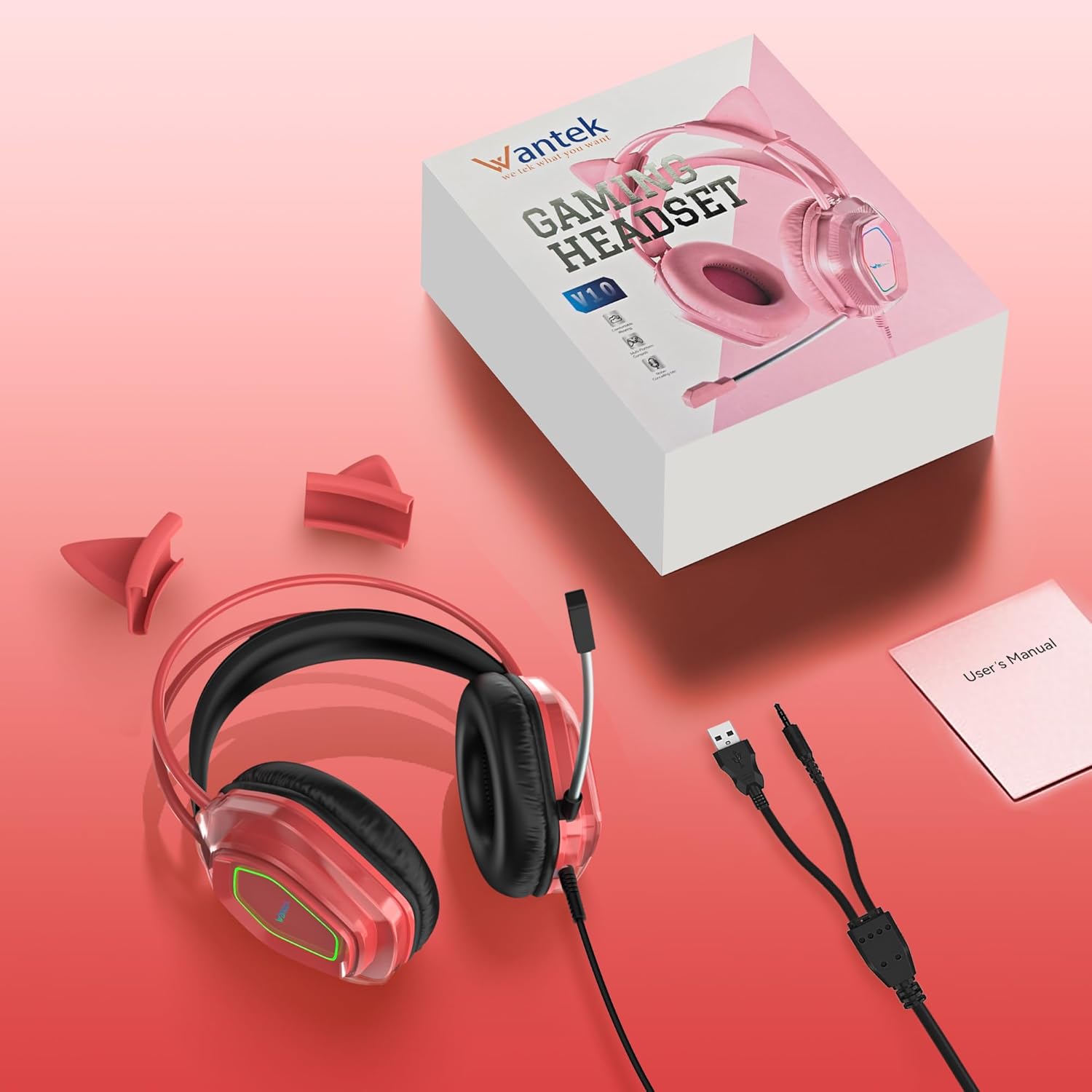 Wantek V10 Cat Ear Style Gaming Headset with comfortable fit and vibrant RGB lighting, Hi-Fi Sound - Red