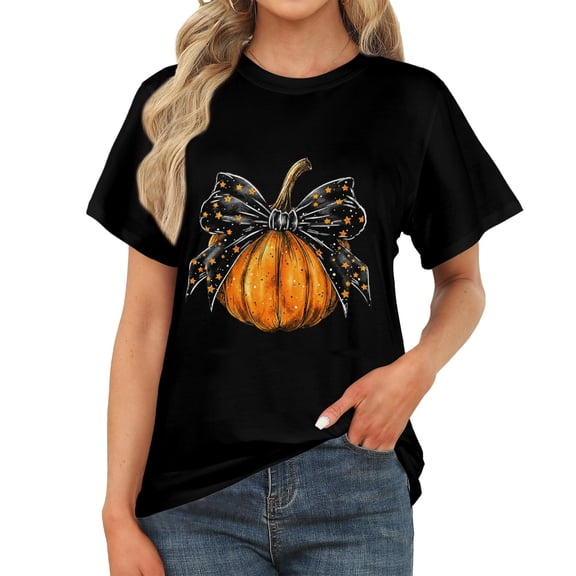 Women's Crewneck Short Sleeve T-Shirt, Cute Vintage Autumn Halloween Star Bow Graphic Casual Tee