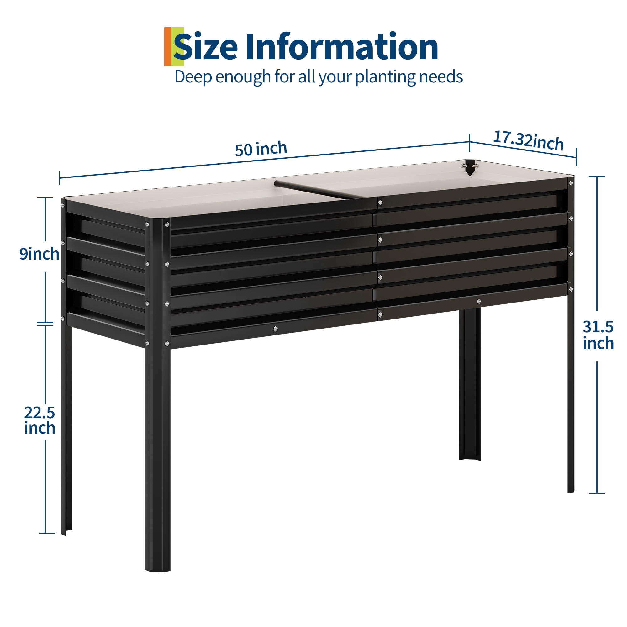 50×17×32 in Elevated Metal Raised Garden Bed with Legs – Self-Watering & Drainage System – Sturdy Galvanized Planter Box for Growing Vegetables, Flowers, Herbs – Patio, Backyard, Balcony – Black