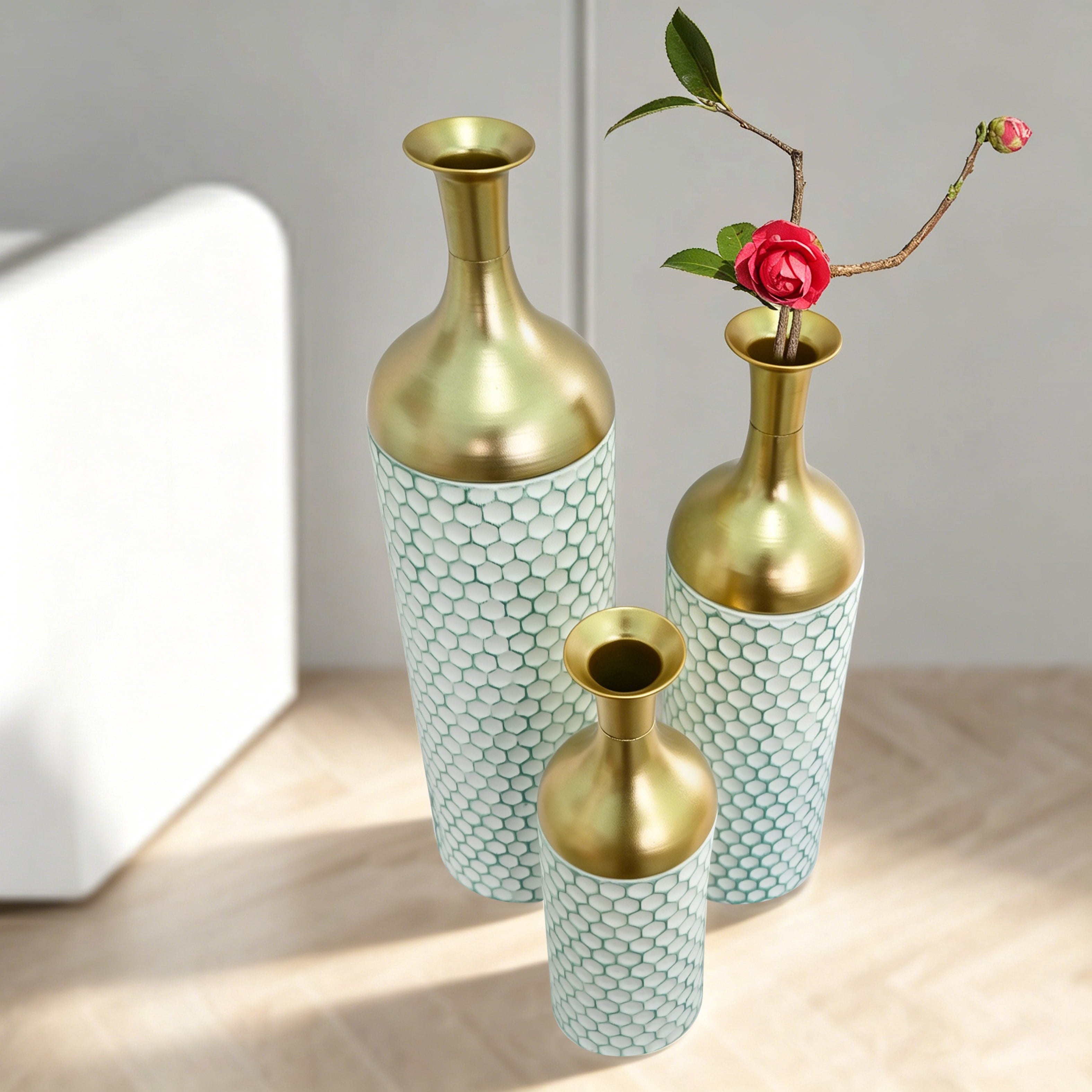 Metal Floor Vases Set of 3 with Leaf Pattern, Tall Decorative Vases and Home Decor Accents for Living Room Entryway, White and Gold