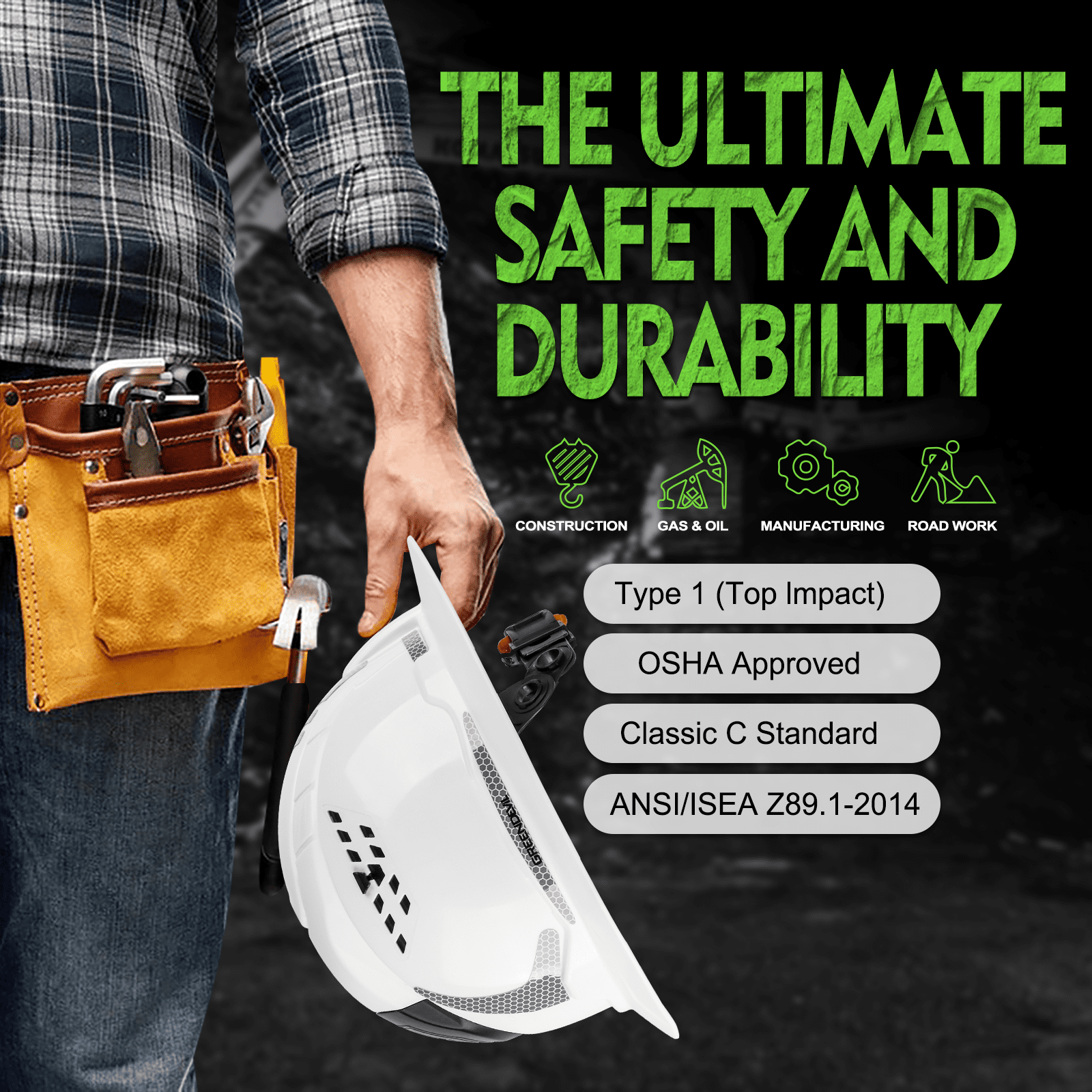 GREEN DEVIL Full Brim Hard Hat ANSI Z89.1 Type 1 Class C Certified Vented Construction Helmet with 6-Point Ratchet Suspension for Men Women