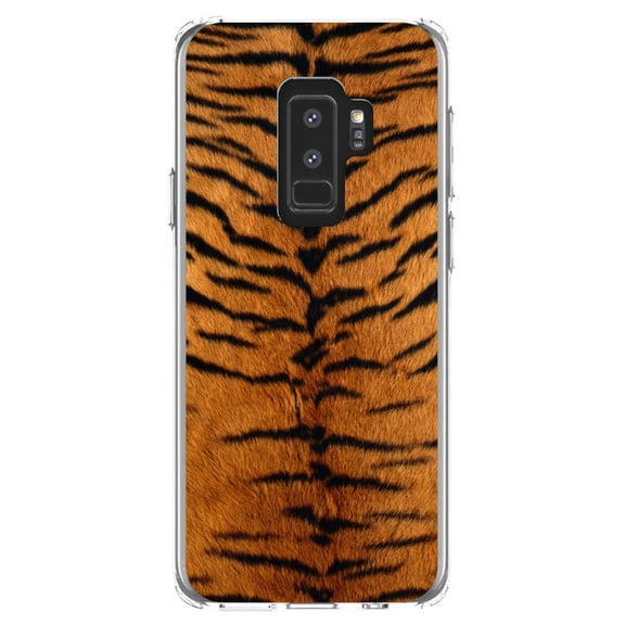 DistinctInk Clear Shockproof Hybrid Case for Samsung Galaxy S9  PLUS (6.2" Screen) - TPU Bumper, Acrylic Back, Tempered Glass Screen Protector - Yellow Black Tiger Fur Skin Print - Animal Print