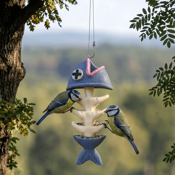 Fish Bone Hanging Bird Feeding Device with Creative Design, Outdoor Skeleton Style Feeder, Wild Bird Feeding Rack with Multi-Tier Trays for Garden Backyard Patio Outdoor Decoration