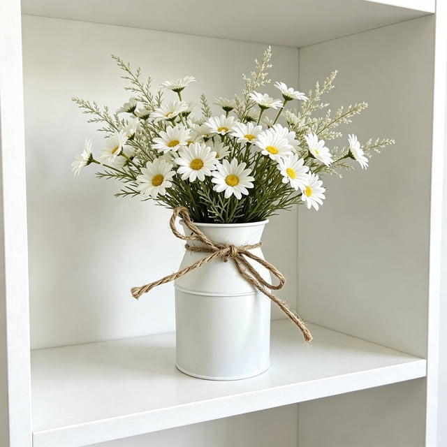 Jarrón de hojalata galvanizada con lazo, cubo floral blanco rústico para decoración del hogar, regalo del Día de San Valentín, 13x9.5x8 cm